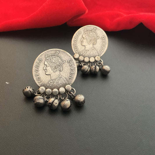 Coin ghungroo silver plated stud earring