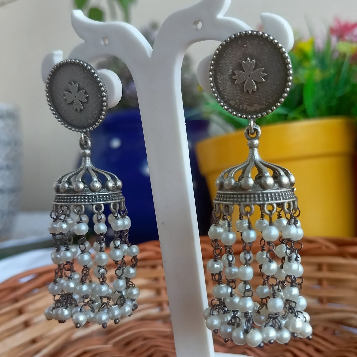 Zaara silver plated pearl jhumkis earrings