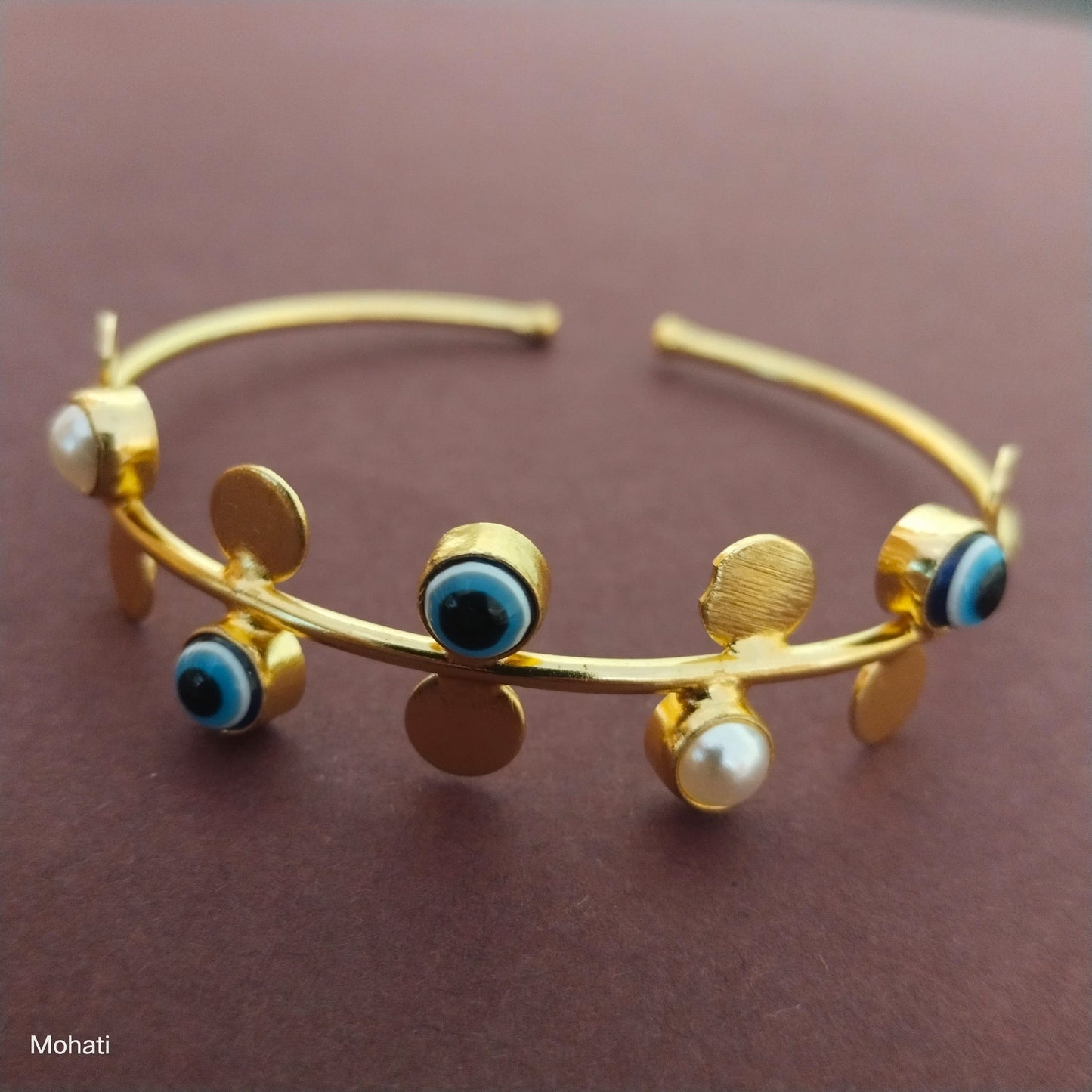 Irene evil eye pearl gold plated adjustable hand kada bracelet