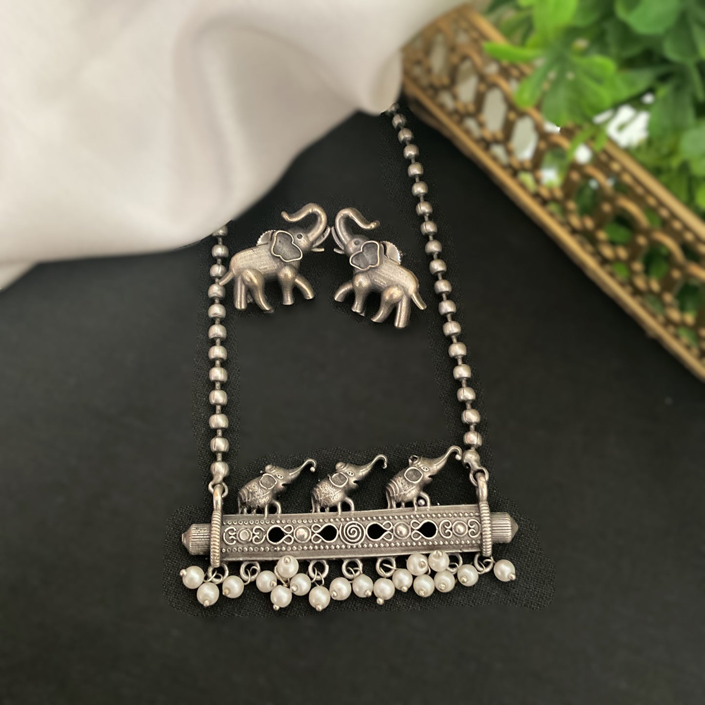 Anokhi silver plated jaipuri elephant long necklace set