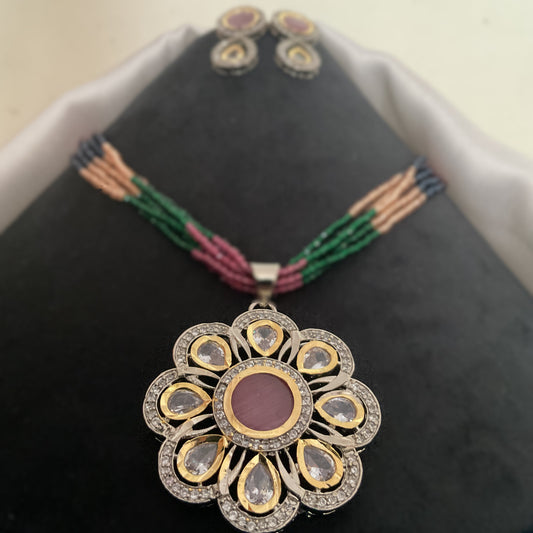 Reina silver micro plated polki pendant with earrings and multi 5 layer hydro mala