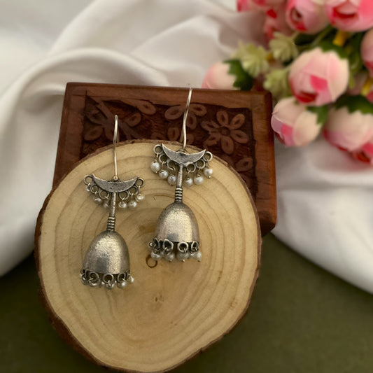 Mohati bell shaped silver plated jhumkis with pearls