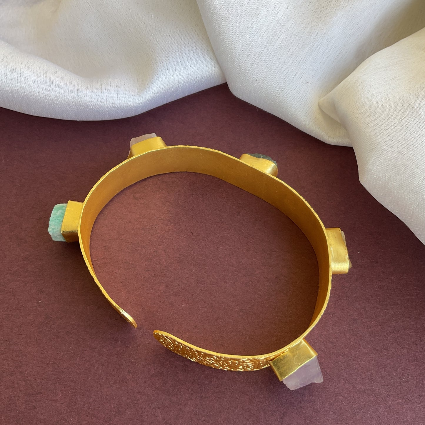 cristina 5 semiprecious raw stone carved gold plated hand cuff