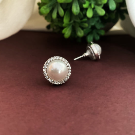 Mohati Jaipur Geetika Pearl AD Silver Plated Stud Earrings for Women