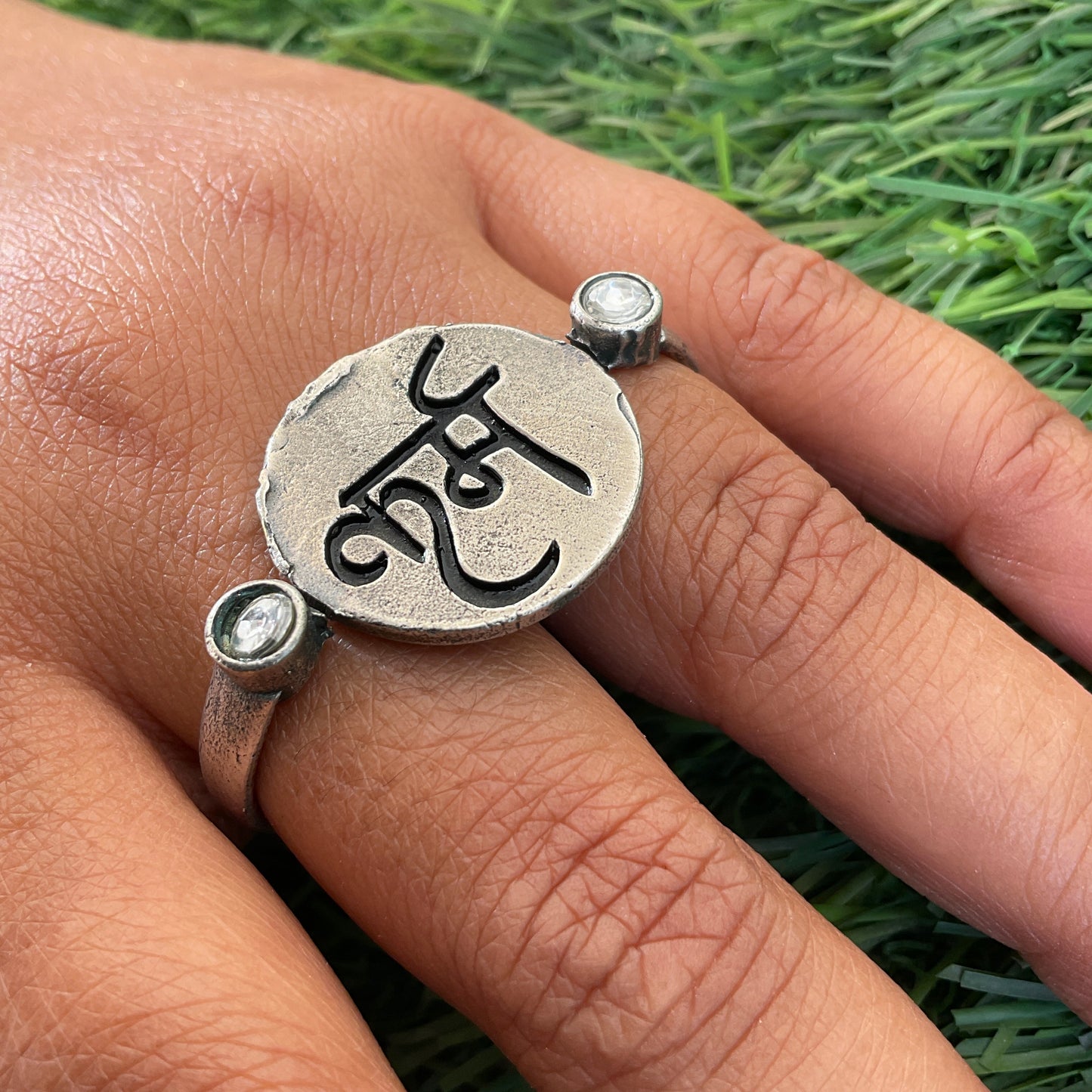 Karma silver plated two finger ring