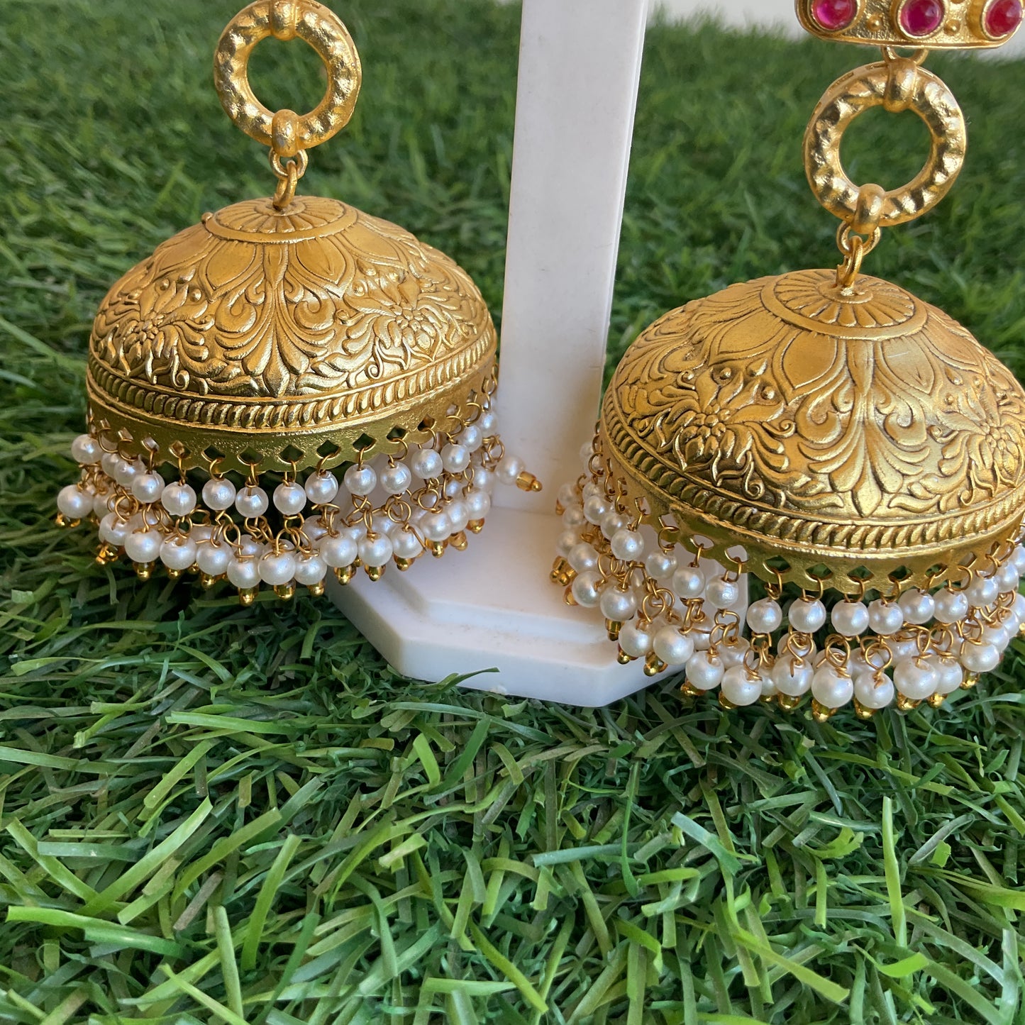 Kanthee green chittaai gold plated big jhumkas