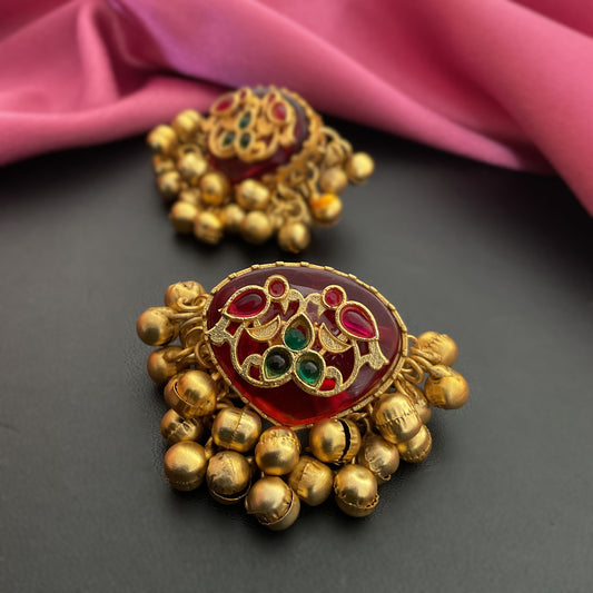 Maahita red monalisa stone ghungroo gold plated stud earring