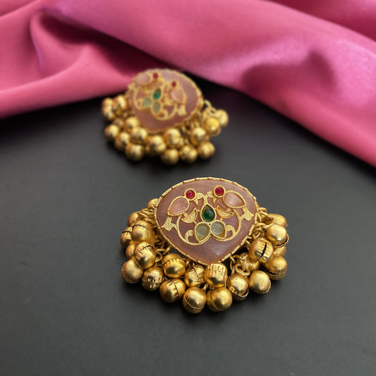 Maahita pink monalisa stone ghungroo gold plated stud earring