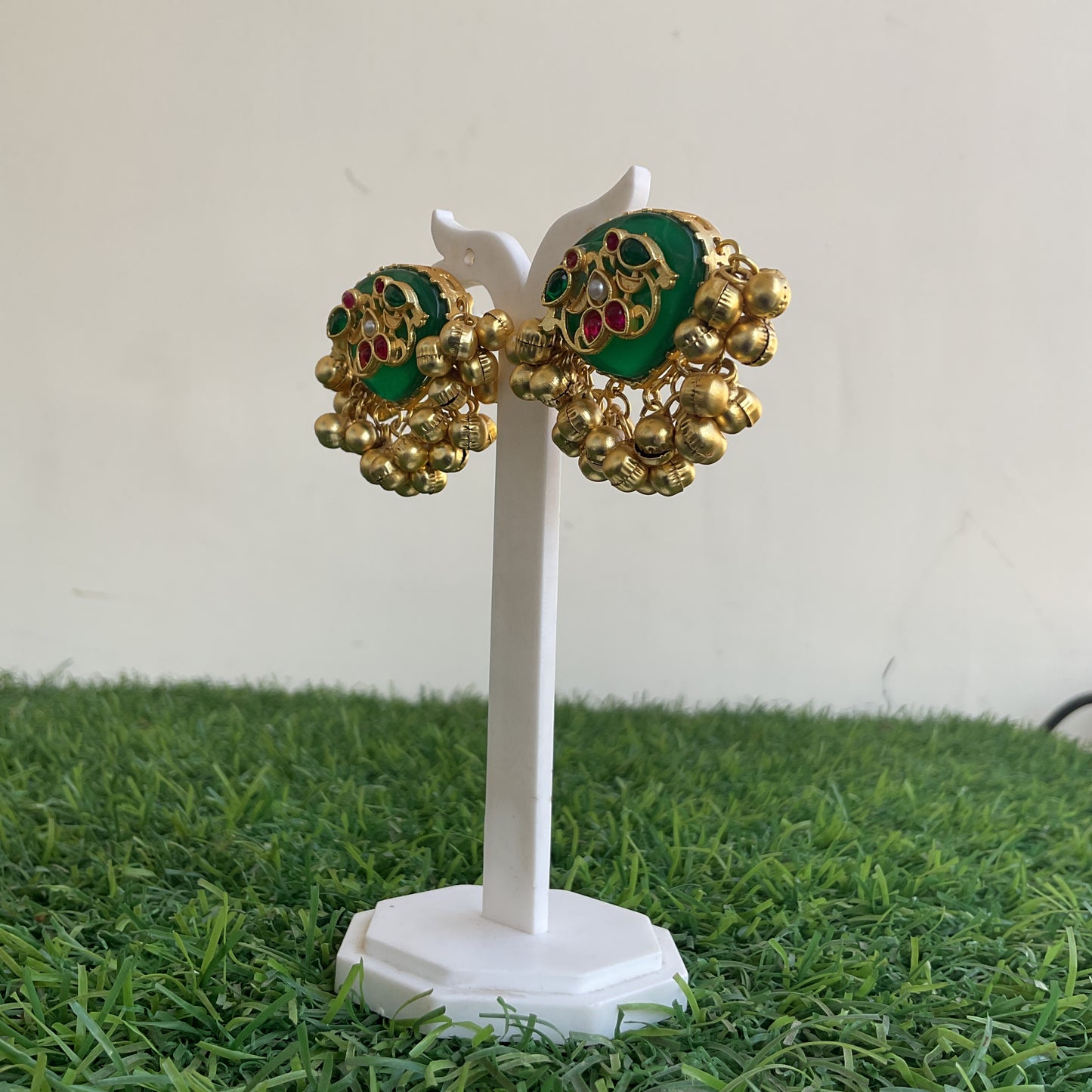 Maahita green monalisa stone ghungroo gold plated stud earring