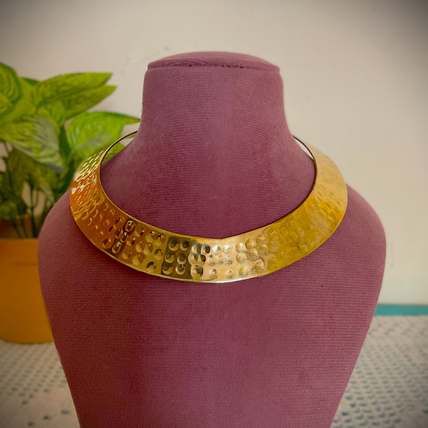 Vrinda hammered brass plated broad hasuli necklace for women