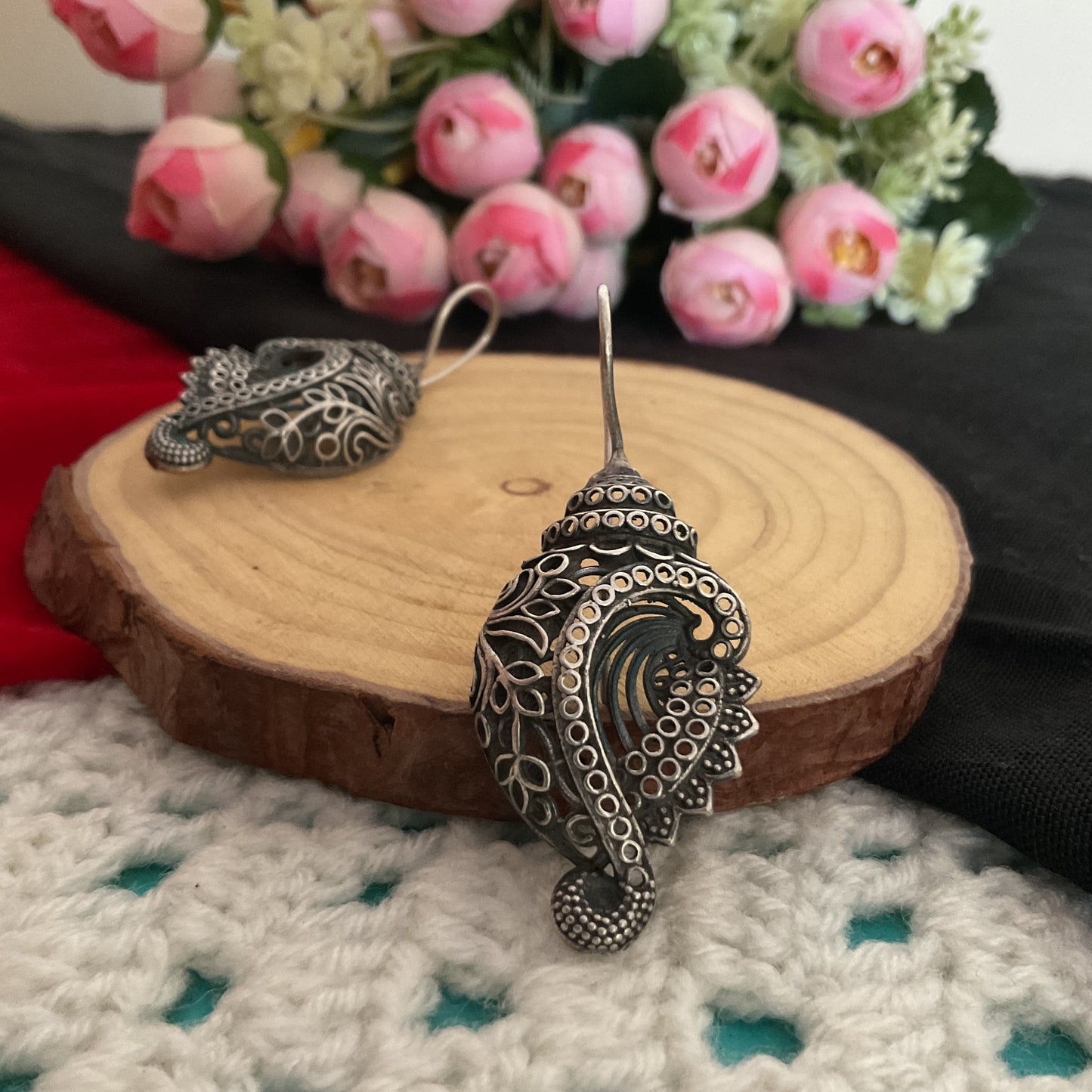 Shankh hook silver plated earrings