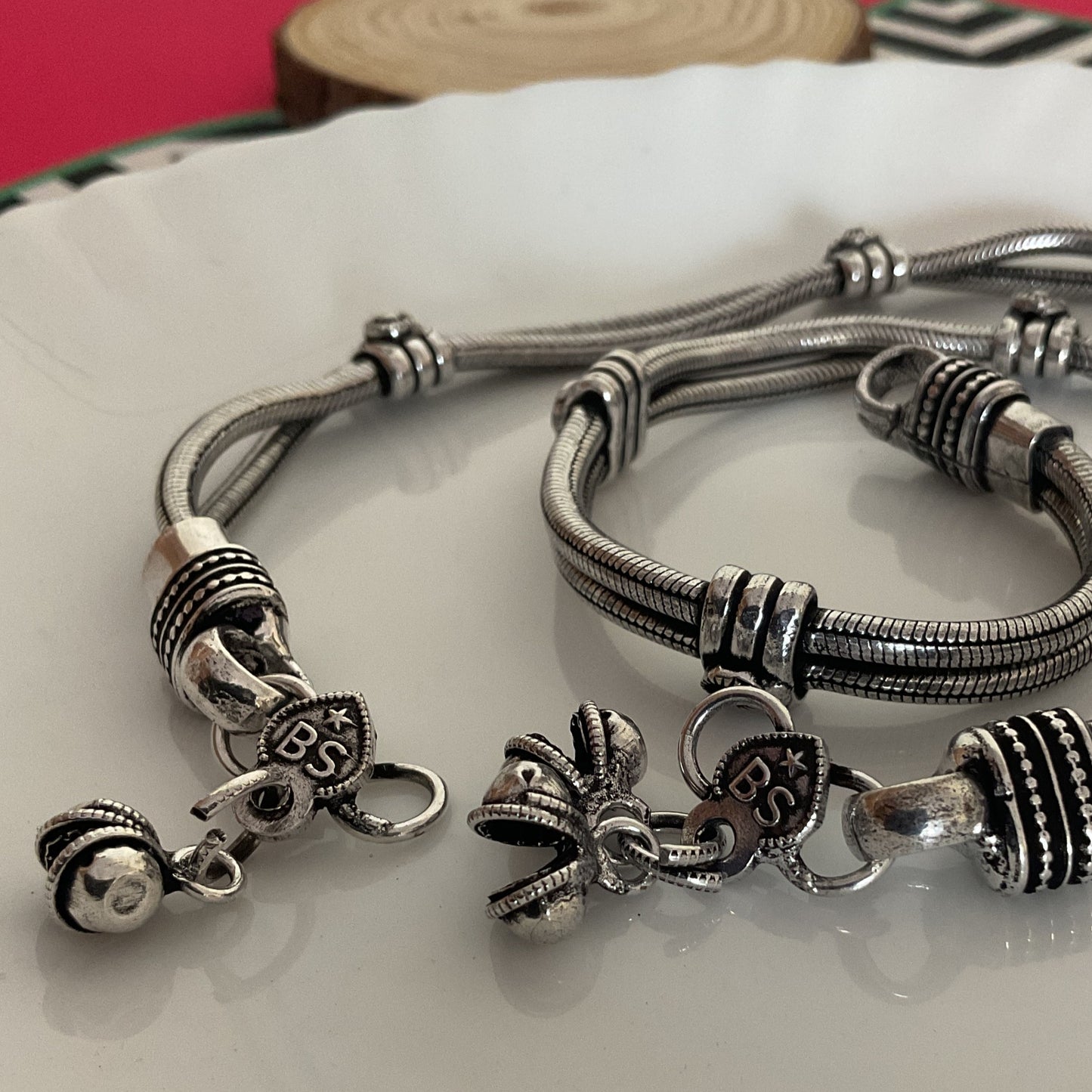 Tvarika double layer silver plated pair of anklet