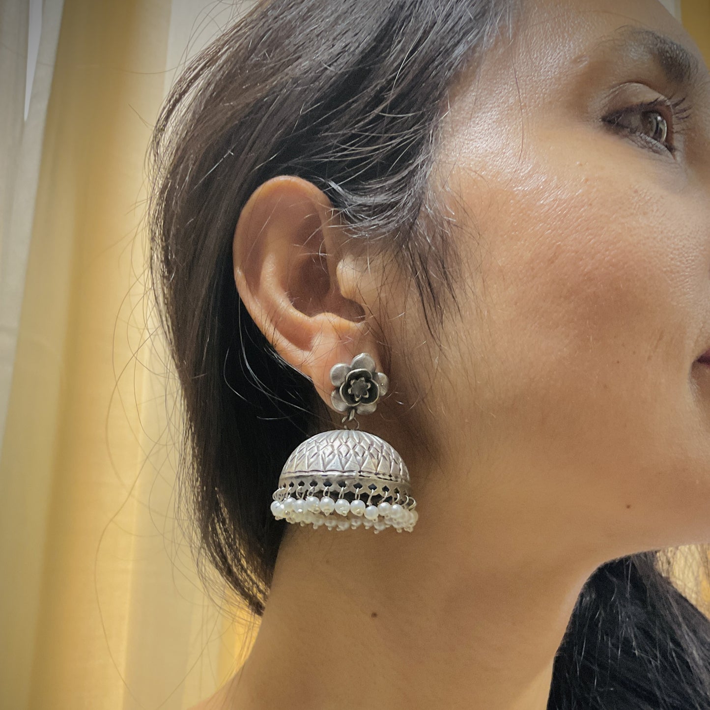 Phulwari 925 Silver Plated Floral Pearl Jhumka Earrings