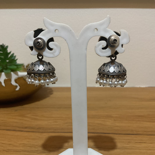 Parijat Oxidised Floral Pearl Drop Jhumka Earrings