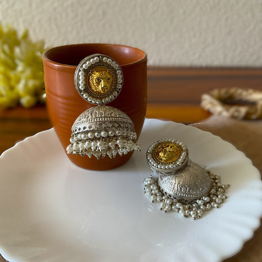 Sinhani 925 Silver Plated Lion Motif Pearl Jhumka Earrings