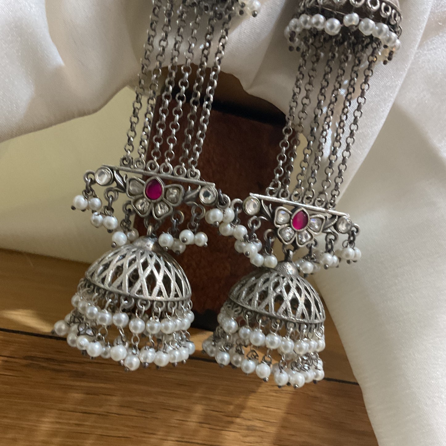 Haritika 925 Silver Plated Pink Stone Long Jhumka Earrings