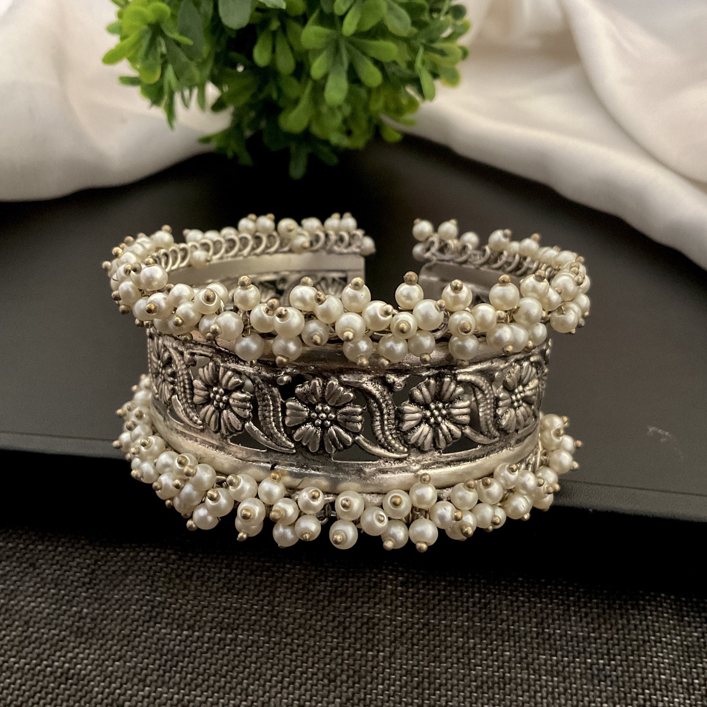 Yael silver plated cluster pearl hand kada