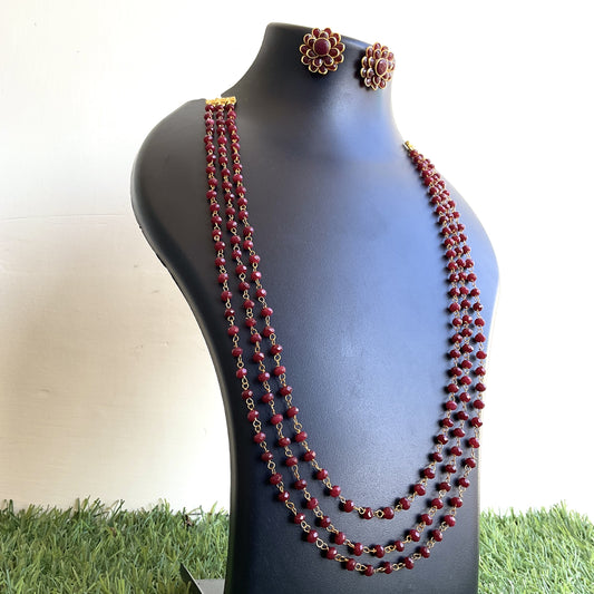 Gaurangi maroon jade 3 layer mala with studs