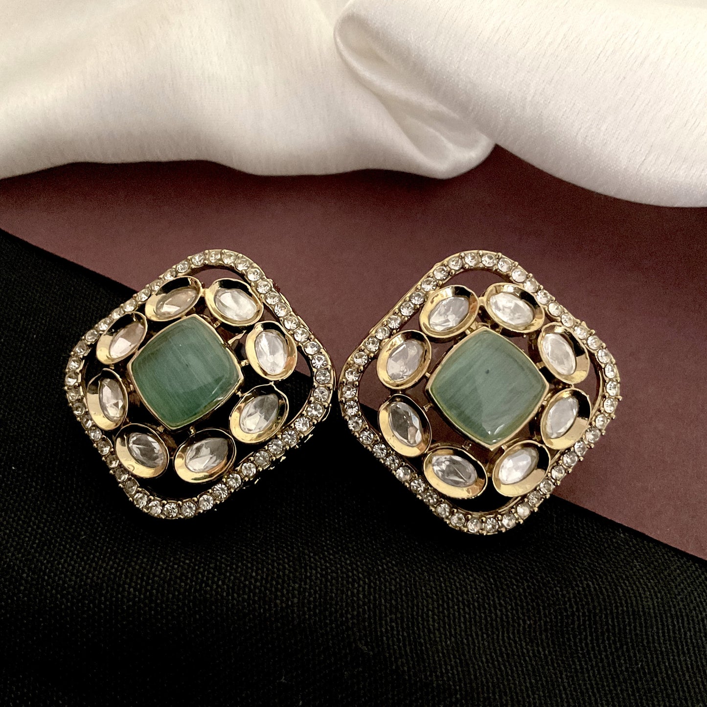 Pratyaksha apala microplated mint pink polki pendant chain with studs