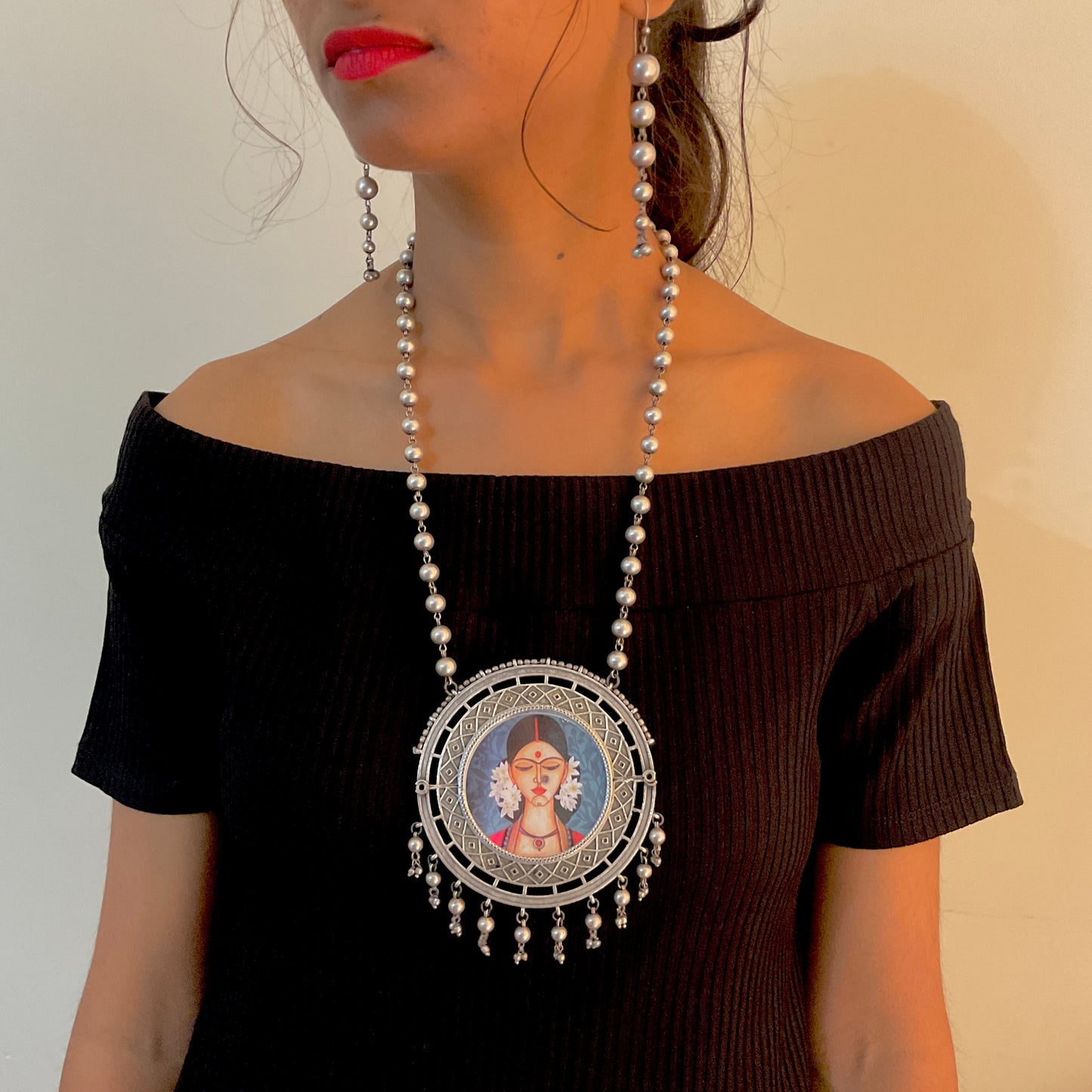 Mehrunisa lady painted silver plated ball chain necklace set for women