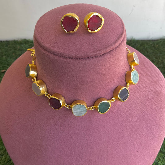 Seirra gold plated multicolored semiprecious stone choker cum necklace set with studs