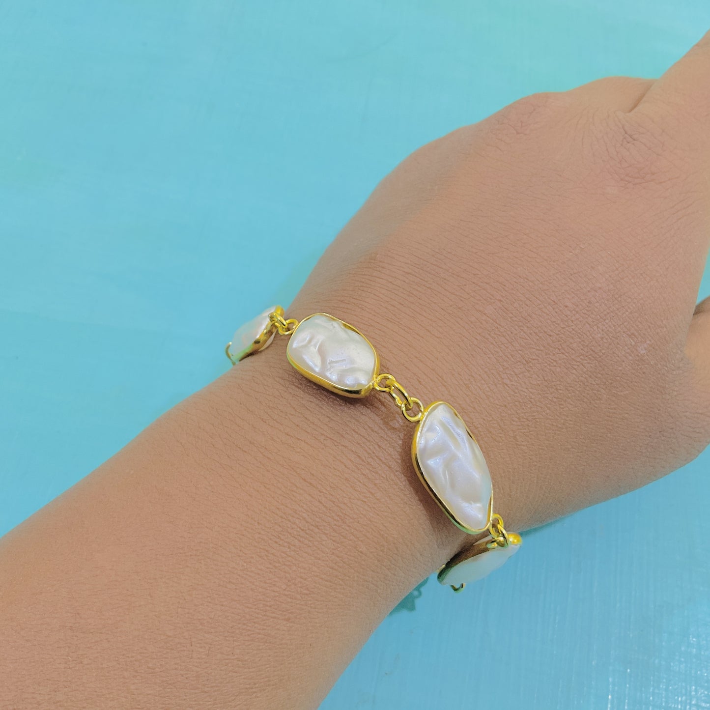 Indie gold plated baroque pearl chain bracelet