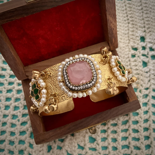 Mohana gold plated paachi kundan ghungroo pink stone hand kada