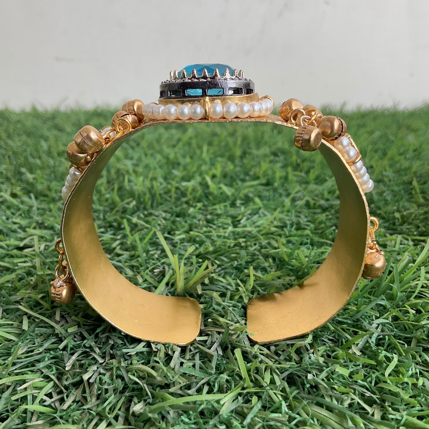 Mohana gold plated paachi kundan ghungroo turquoise blue stone hand kada