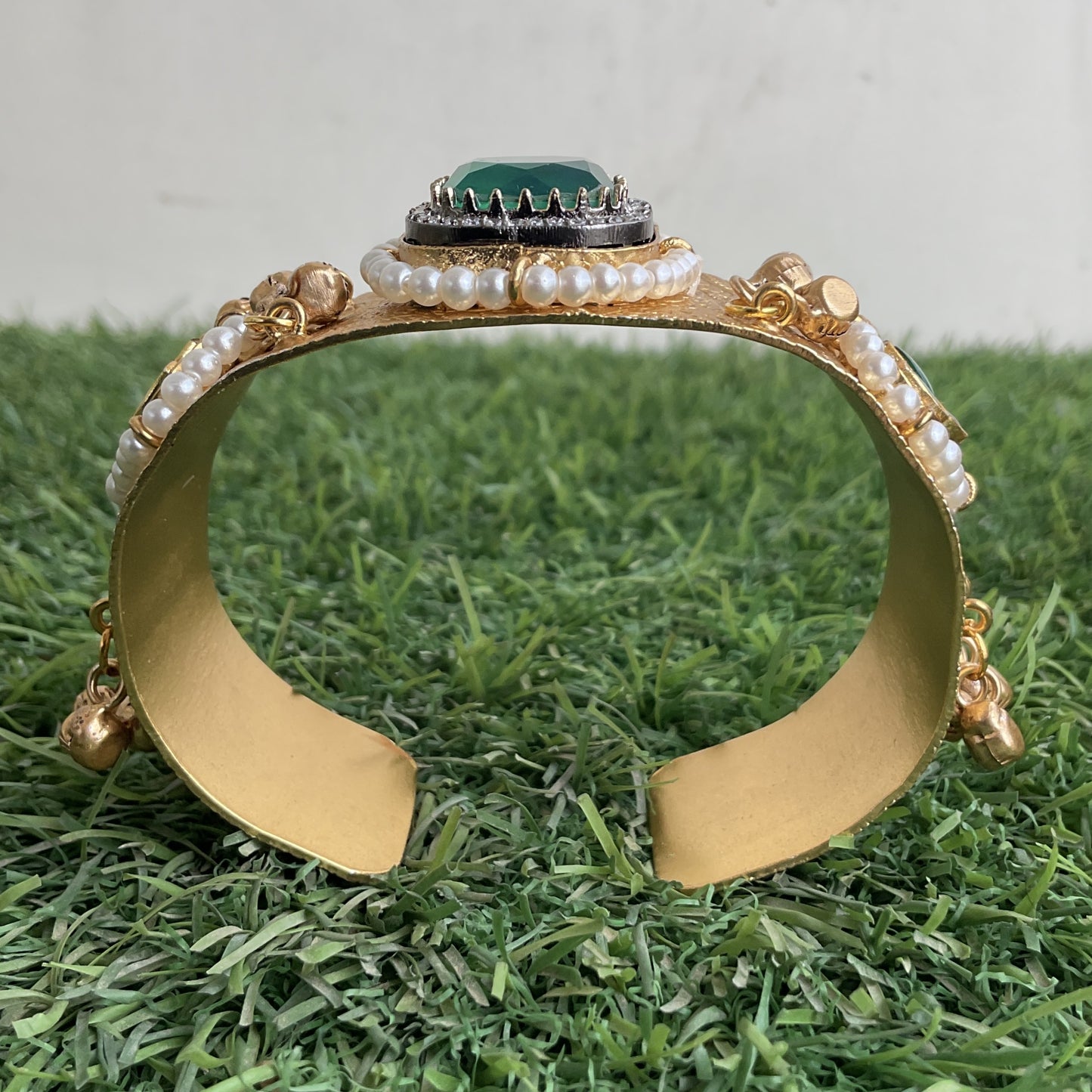 Mohana gold plated paachi kundan ghungroo green stone hand kada