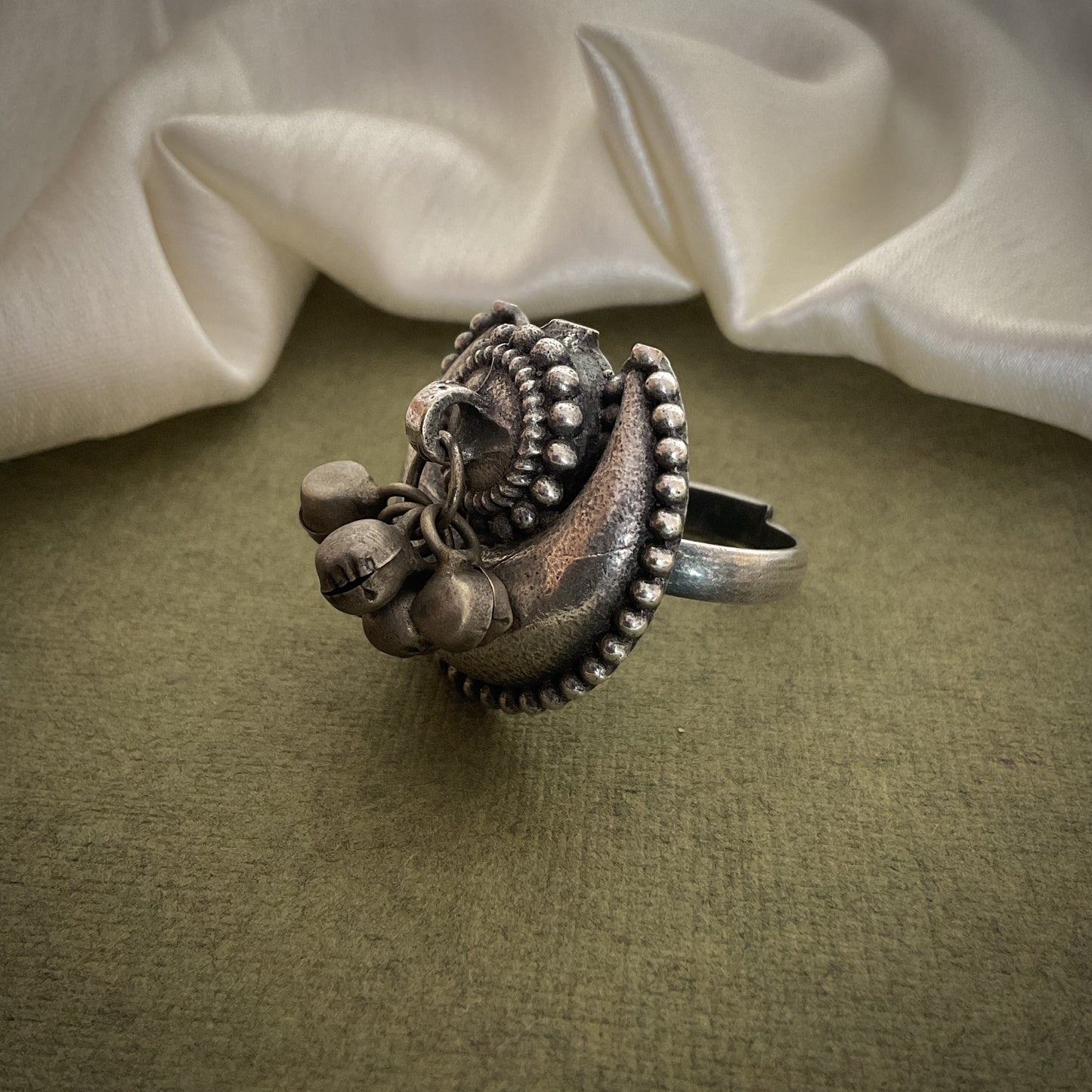 Chandra silver plated ghungroo finger ring
