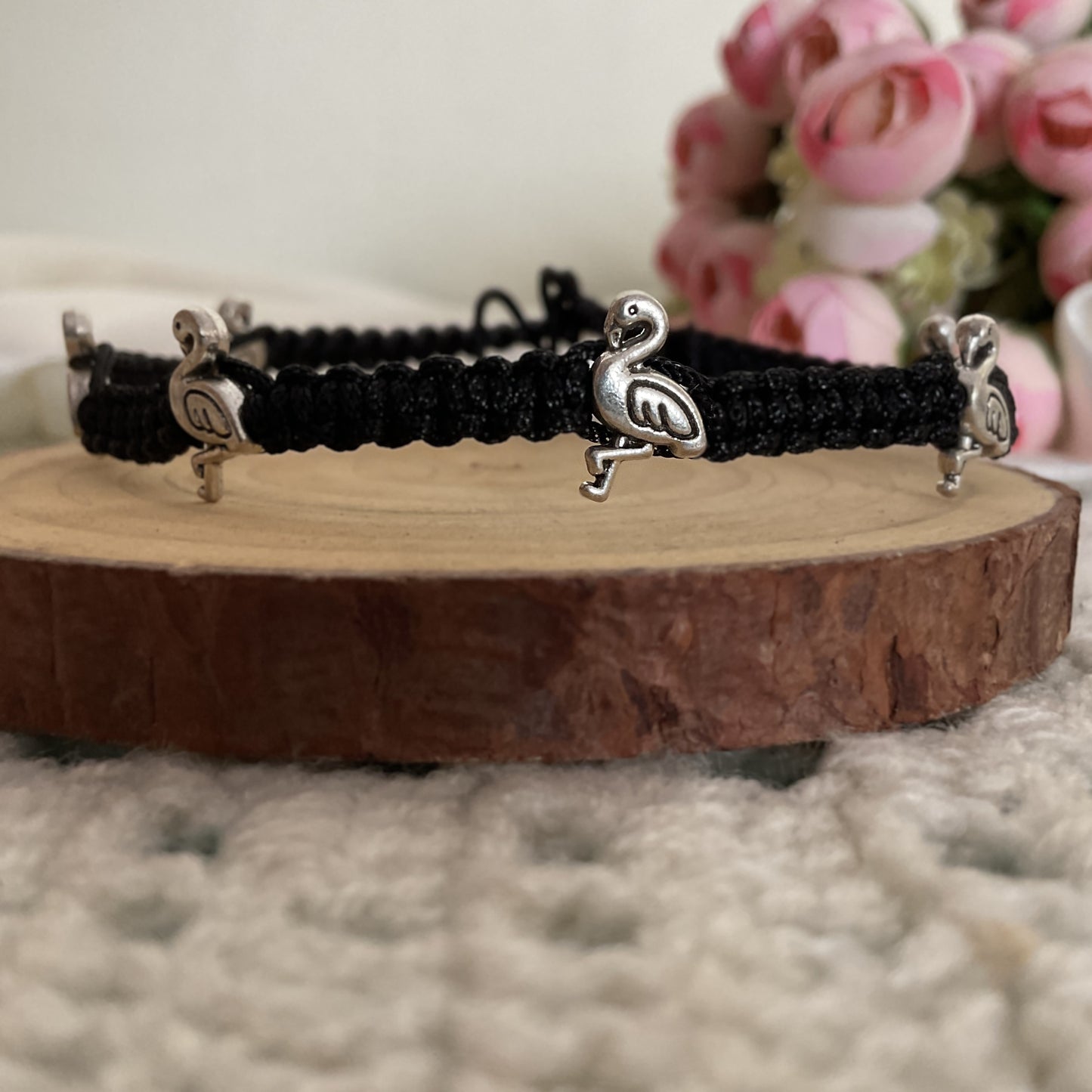 Flamingo silver plated macrame adjustable anklet