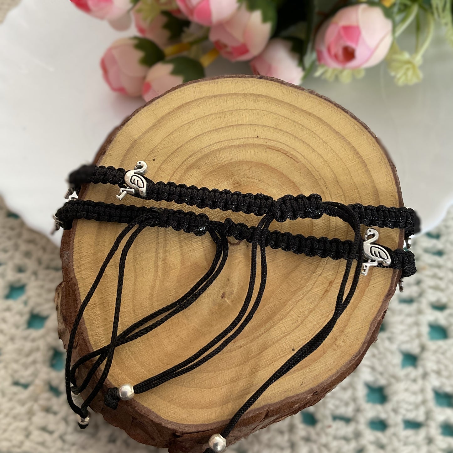 Flamingo silver plated macrame adjustable pair of anklets (set of 2)