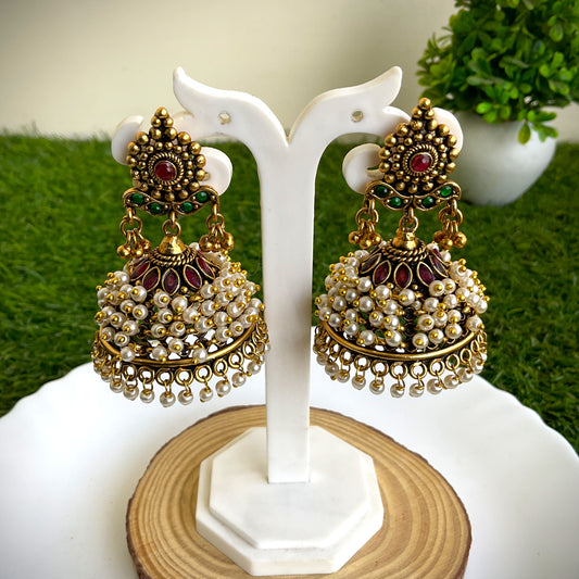 Chetna Antique Gold Temple Pearl Jhumkas
