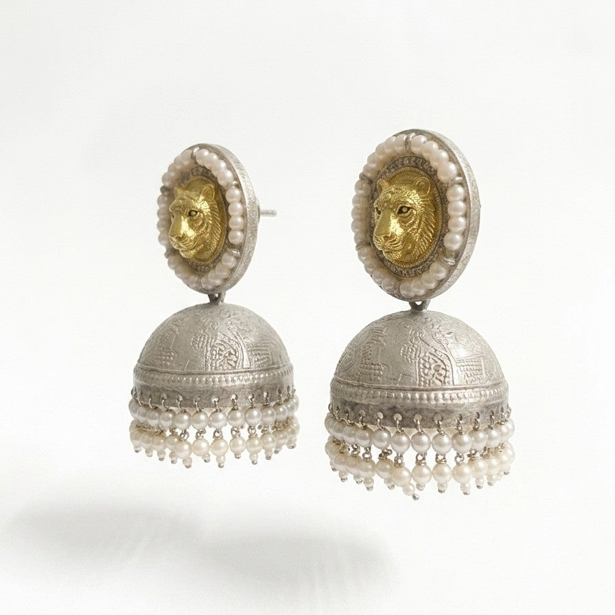 Sinhani 925 Silver Plated Lion Motif Pearl Jhumka Earrings