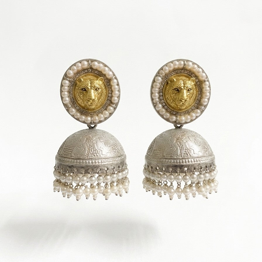 Sinhani 925 Silver Plated Lion Motif Pearl Jhumka Earrings
