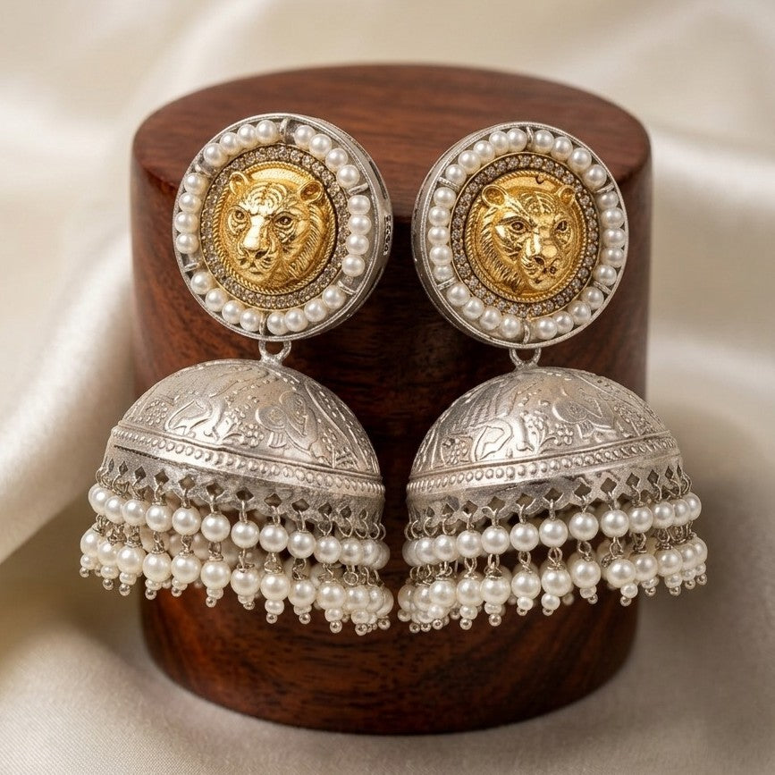 Sinhani 925 Silver Plated Lion Motif Pearl Jhumka Earrings