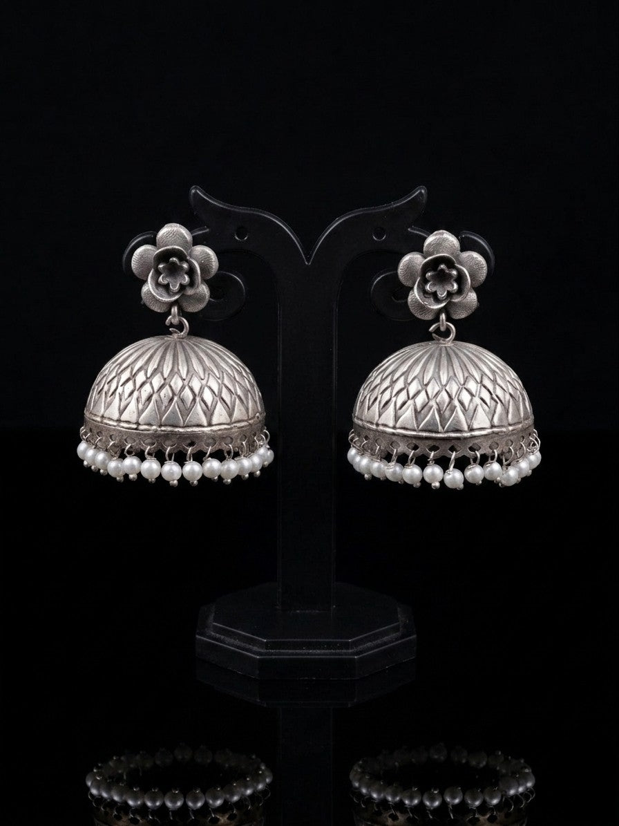 Phulwari 925 Silver Plated Floral Pearl Jhumka Earrings