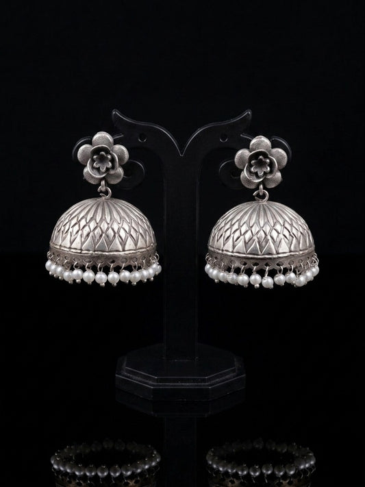 Phulwari 925 Silver Plated Floral Pearl Jhumka Earrings