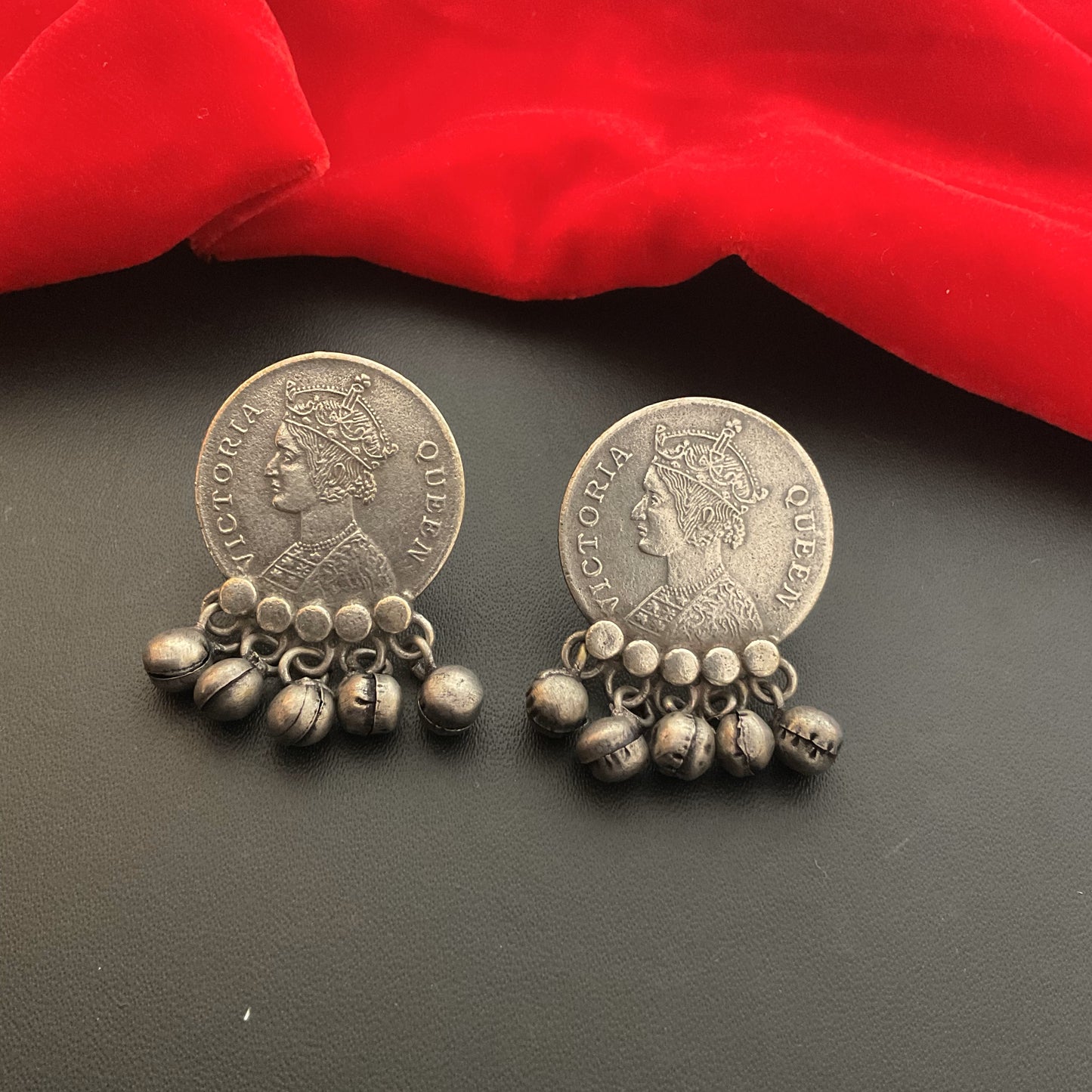 Coin ghungroo silver plated stud earring