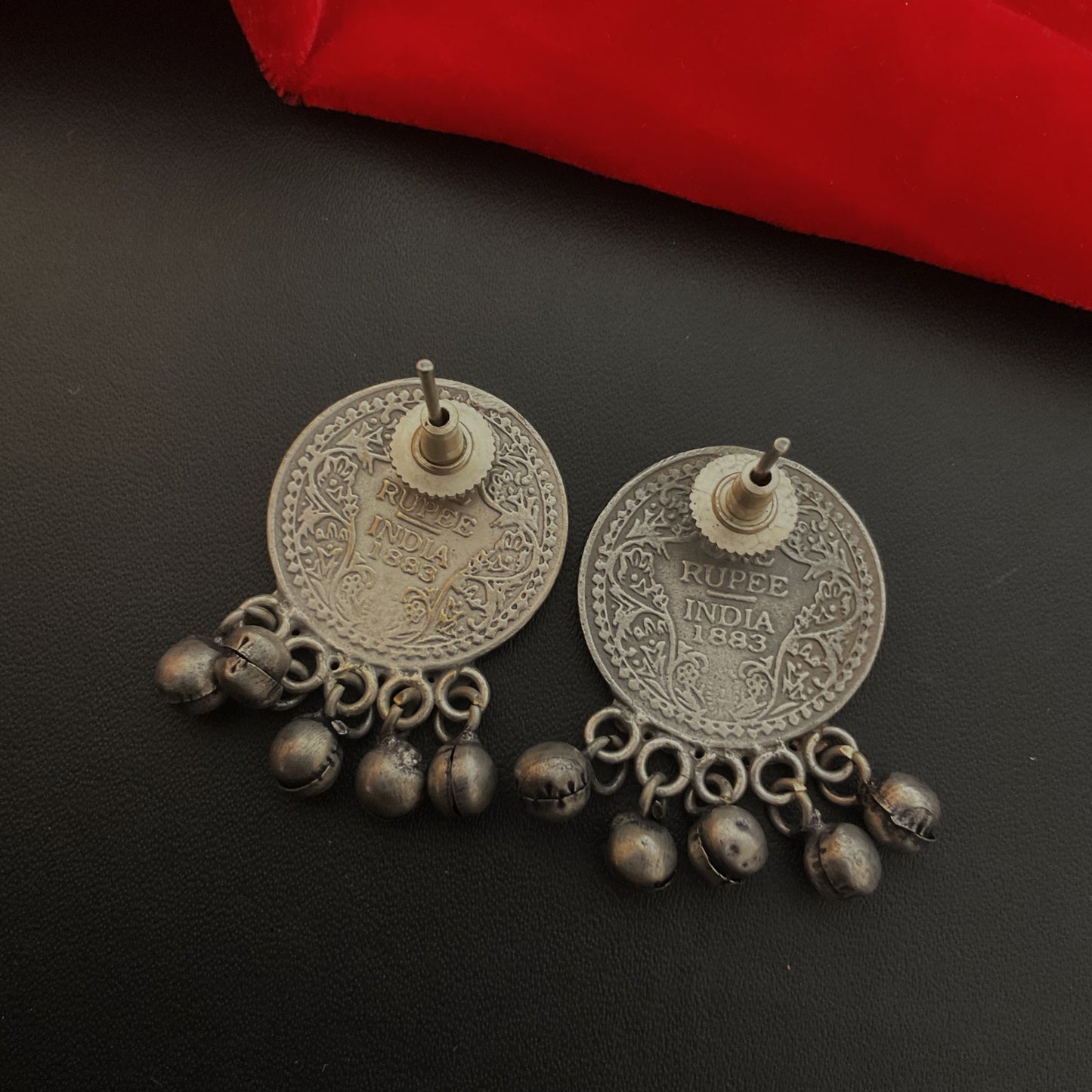 Coin ghungroo silver plated stud earring