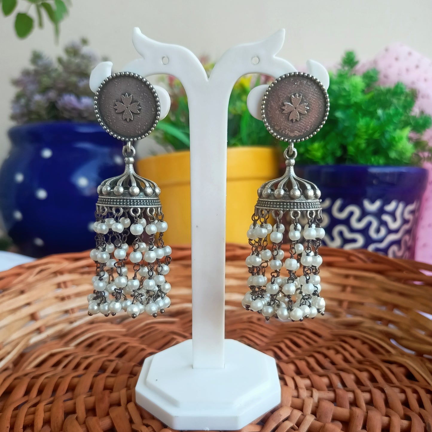 Zaara silver plated pearl jhumkis earrings
