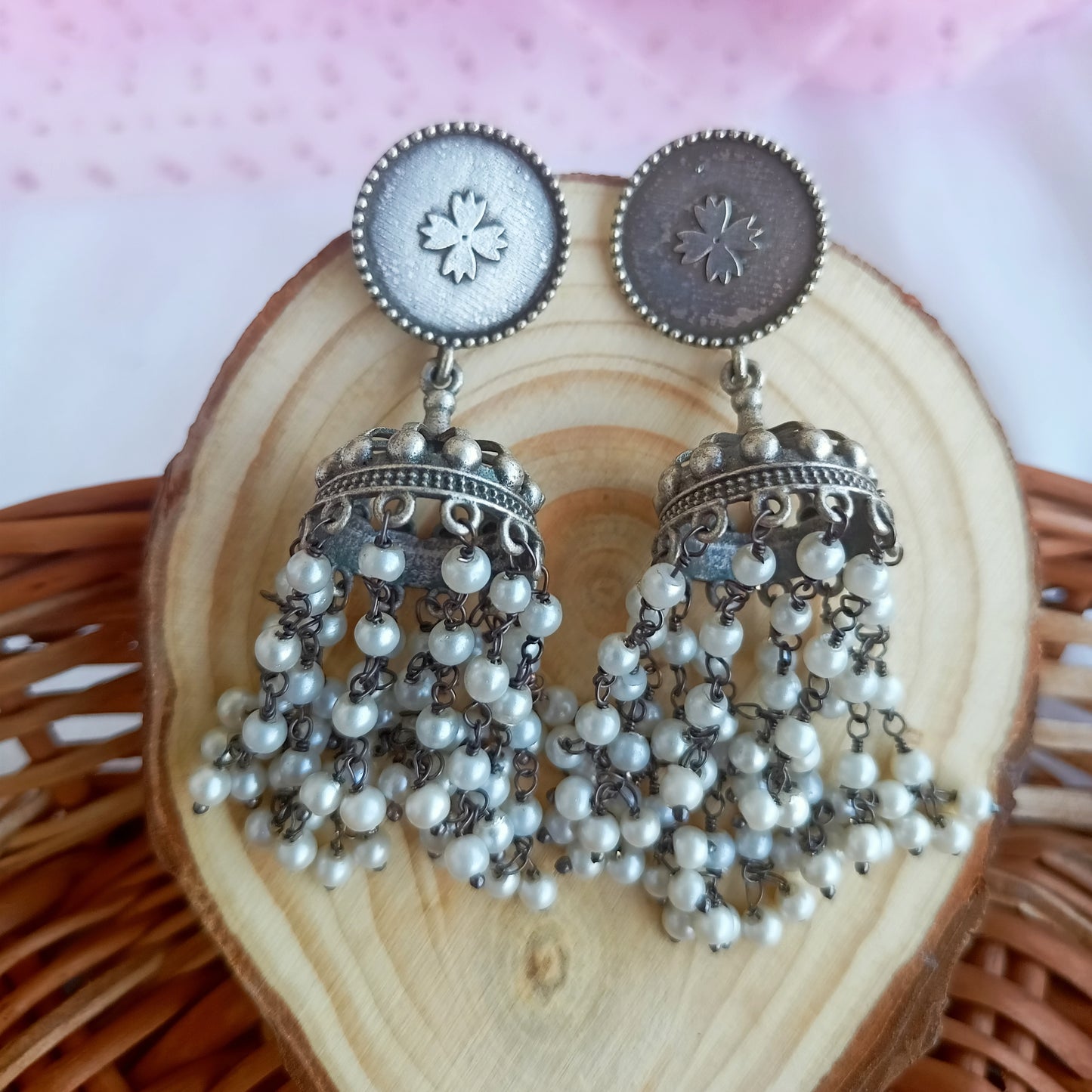 Zaara silver plated pearl jhumkis earrings
