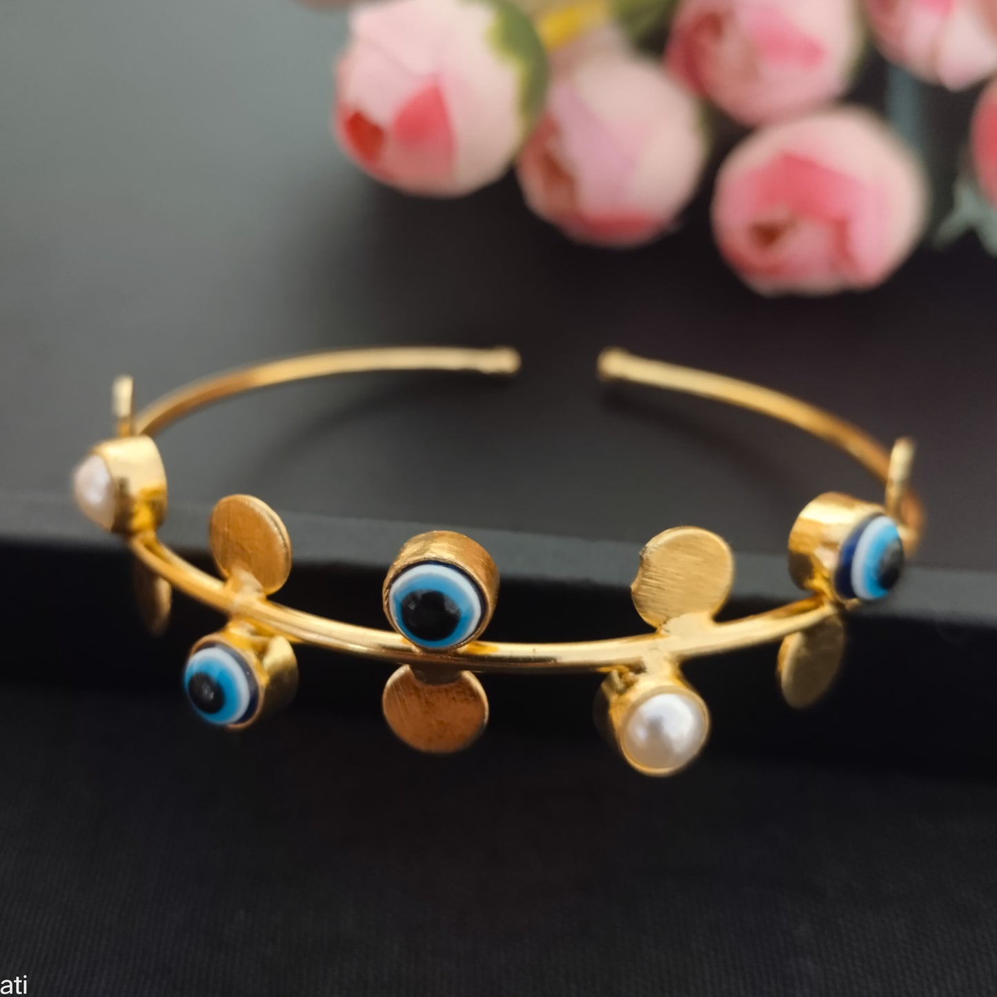 Irene evil eye pearl gold plated adjustable hand kada bracelet