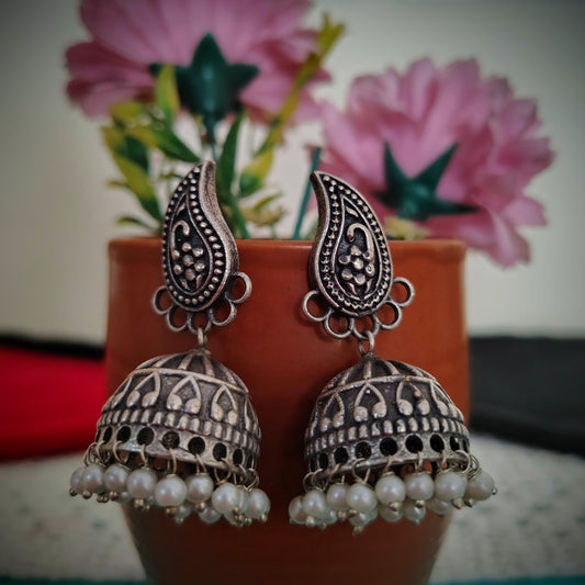 Chandrika handcarved silver plated jhumki earrings