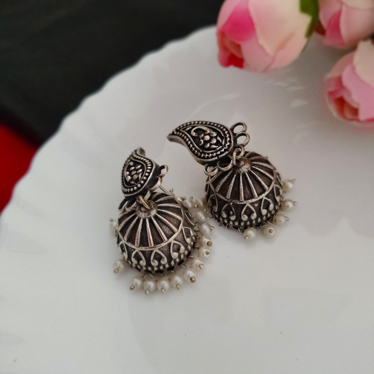 Chandrika handcarved silver plated jhumki earrings