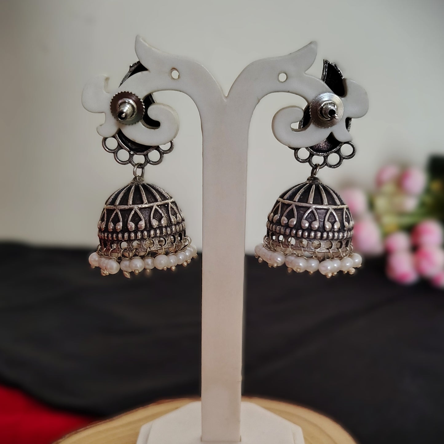 Chandrika handcarved silver plated jhumki earrings