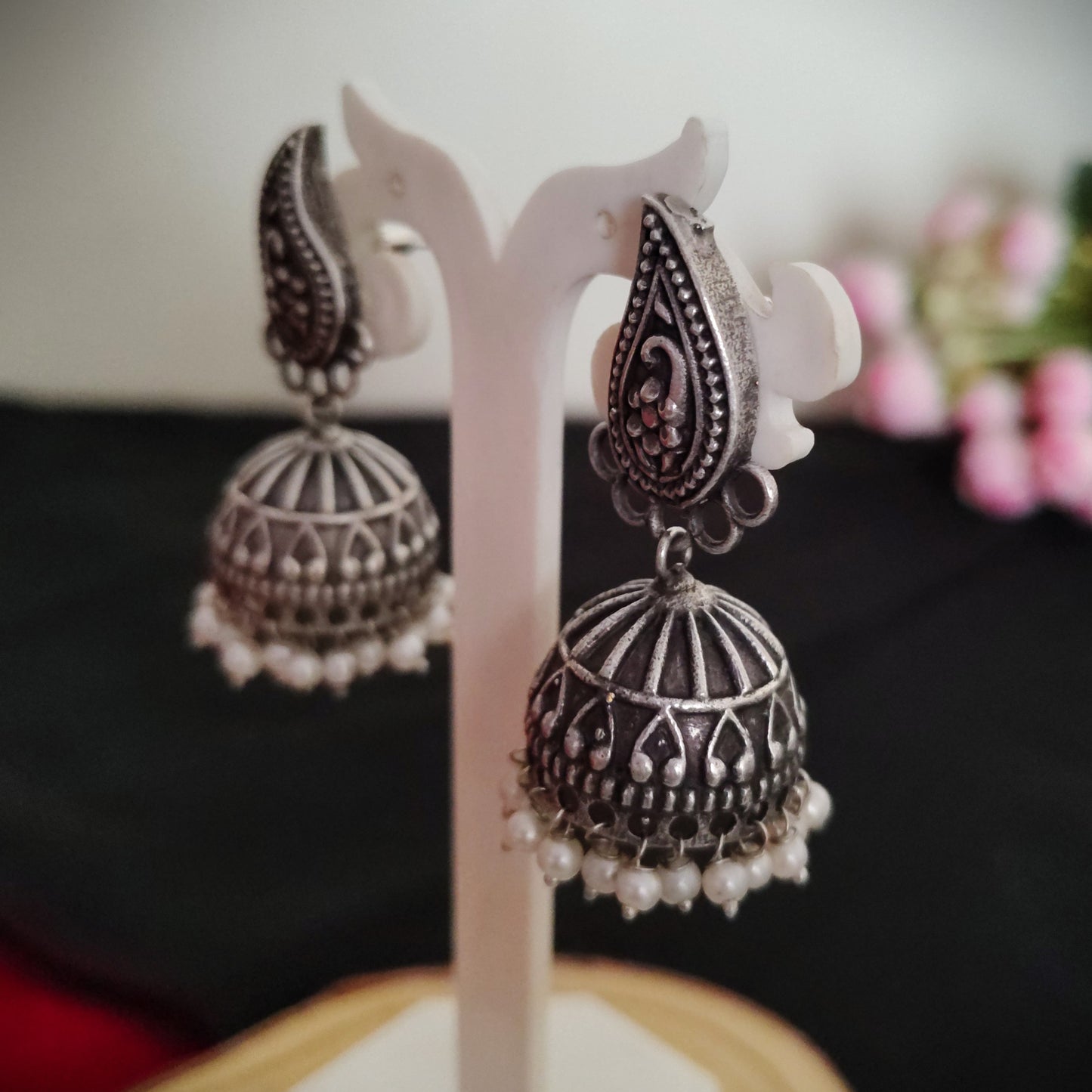 Chandrika handcarved silver plated jhumki earrings