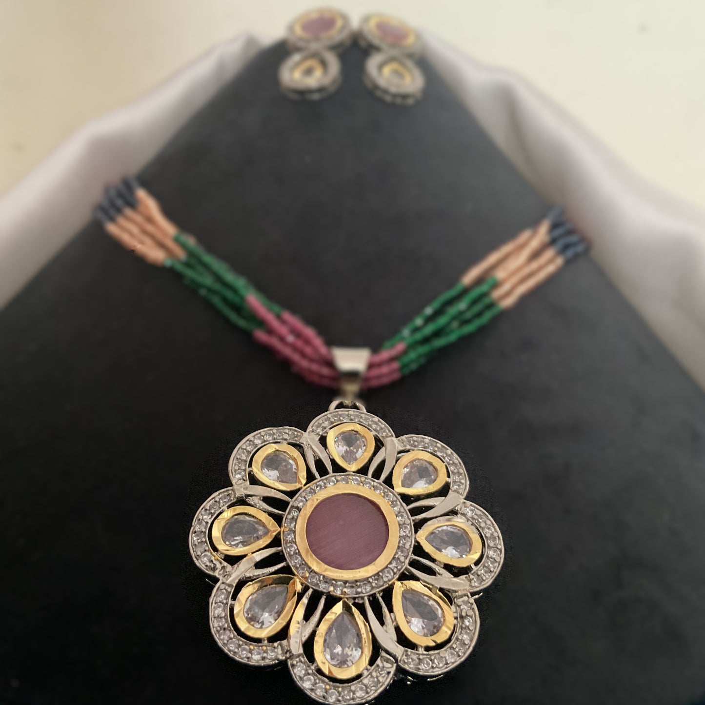 Reina silver micro plated polki pendant with earrings and multi 5 layer hydro mala