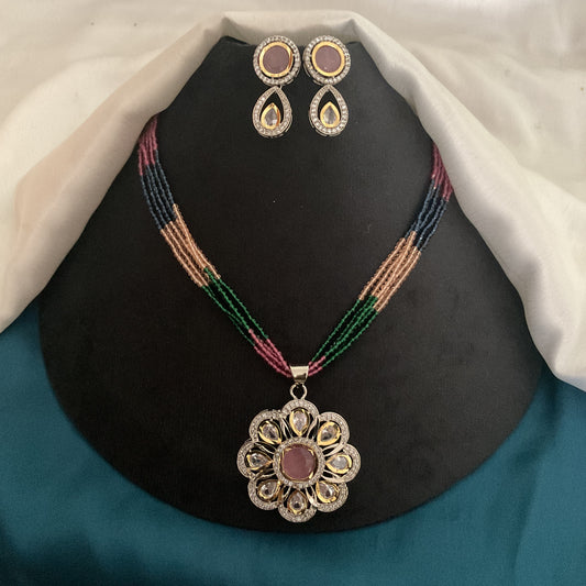 Reina silver micro plated polki pendant with earrings and multi 5 layer hydro mala