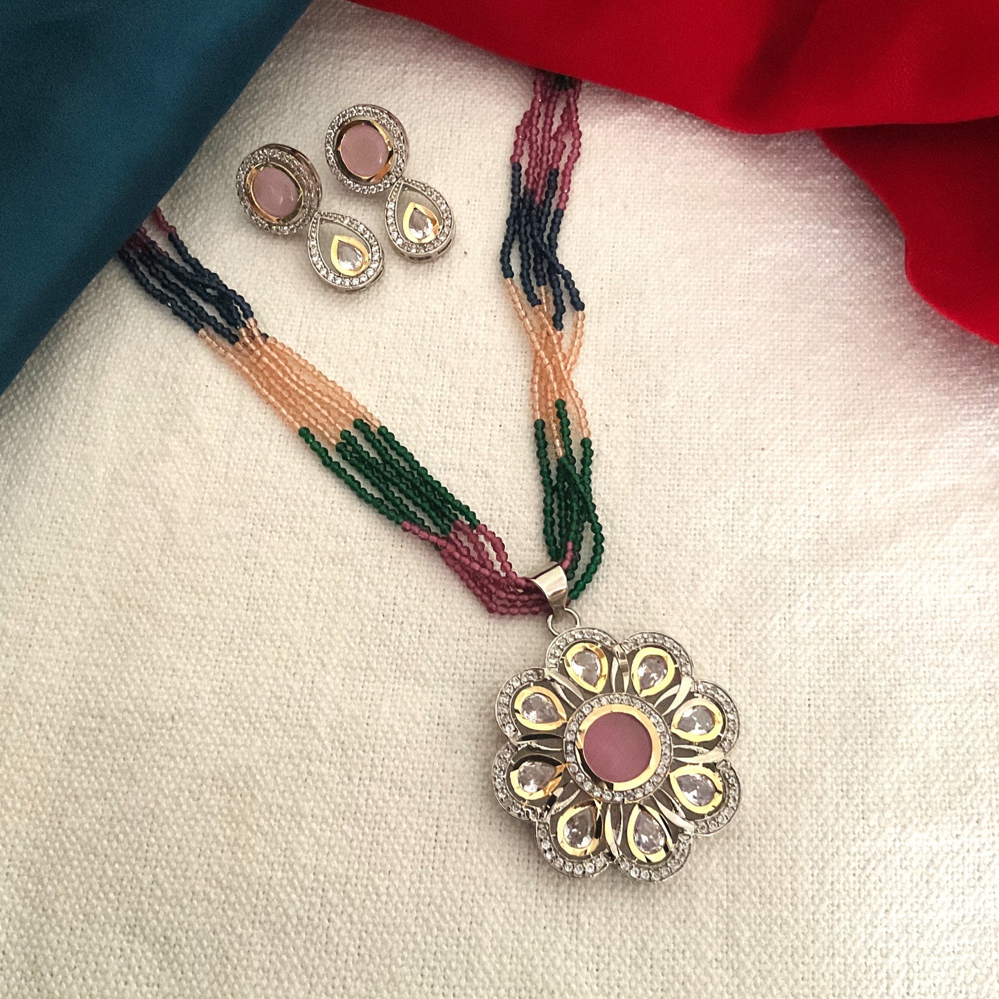 Reina silver micro plated polki pendant with earrings and multi 5 layer hydro mala